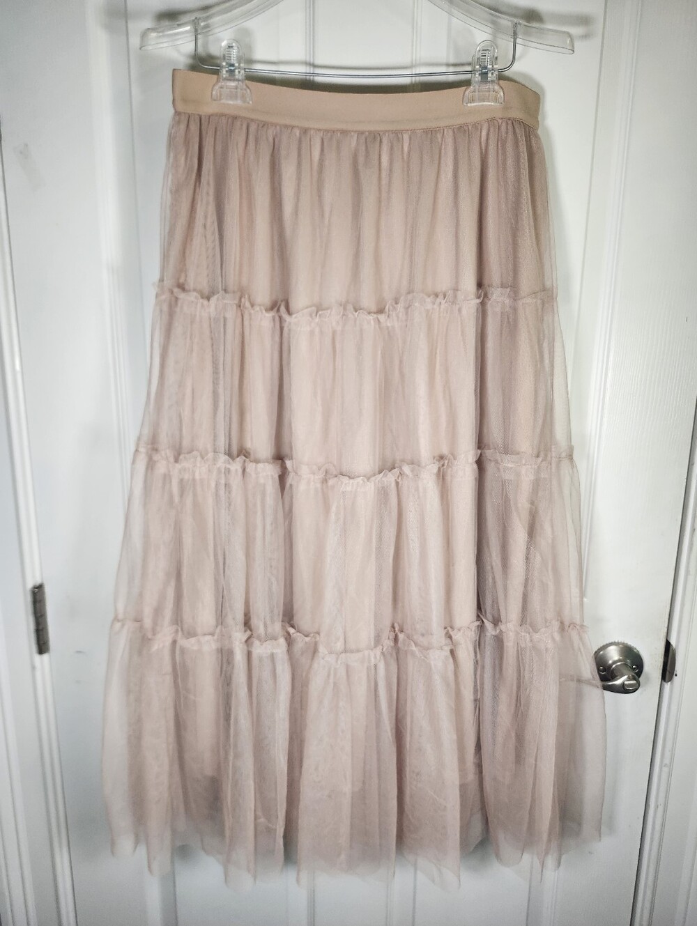 Zesica Blush Beige Elastic Waist Pull On Multi Tiered Tulle Lined Maxi Skirt S L